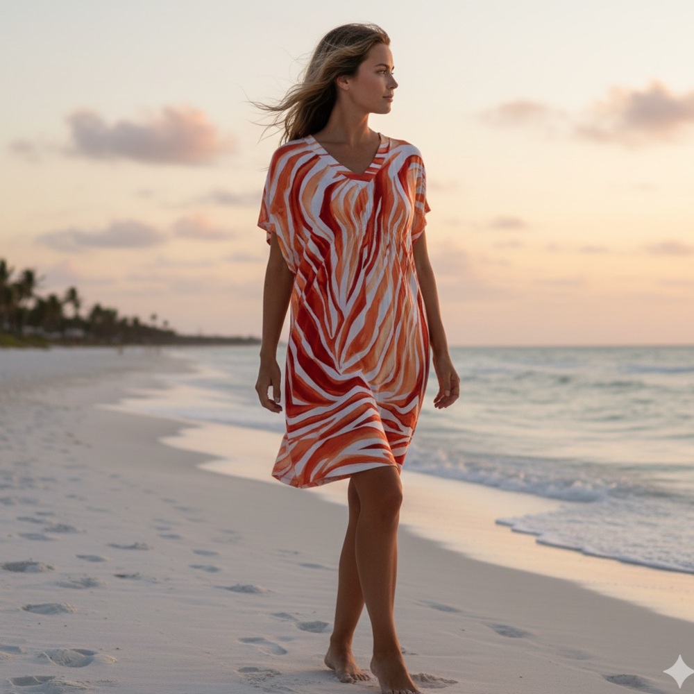 Tommy Bahama Orange Zebra Striped Design Short Sleeve V Neck Dress Size S EUC